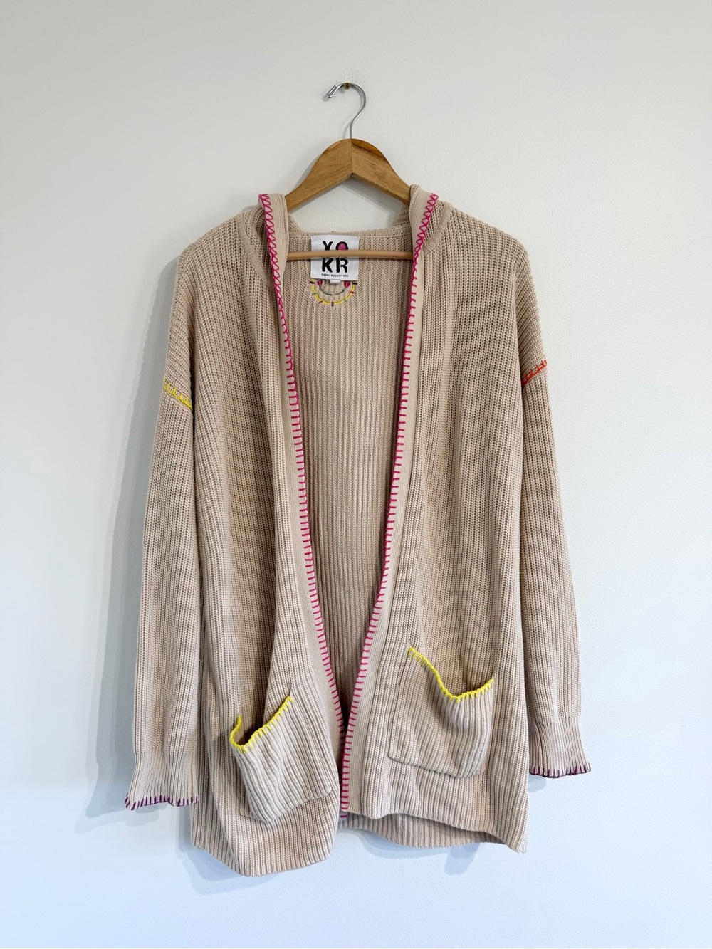 Kerri Rosenthal Smiley Face Whip Stitch Knit Open Cardigan